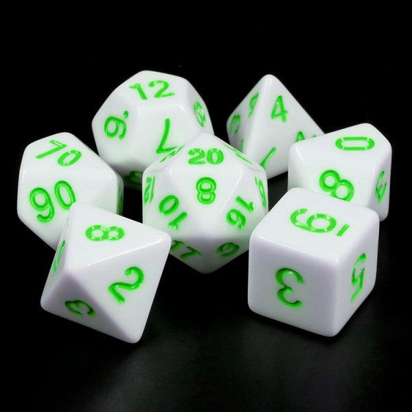 Opaque White 7pc Dice Set inked in Green